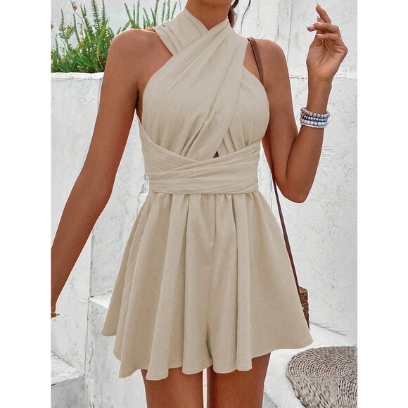 Women Apricot Casual And Simple Pleated  Backless Tied Summer Halter Jumpsuit - Picture 4 of 6